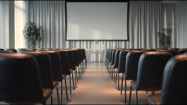 Modern conference room with rows of chairs and projector screen