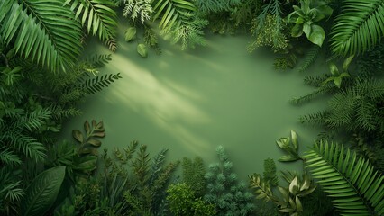 A lush tropical green leaf frame surrounding an empty center with soft sunlight. Ideal natural background for eco themes, wellness design, banners, presentations, and nature-inspired layouts.