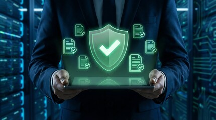 Business professional holding digital security shield with data protection icons in server room
