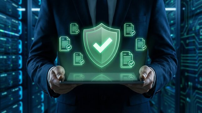 Business professional holding digital security shield with data protection icons in server room - Powered by Adobe