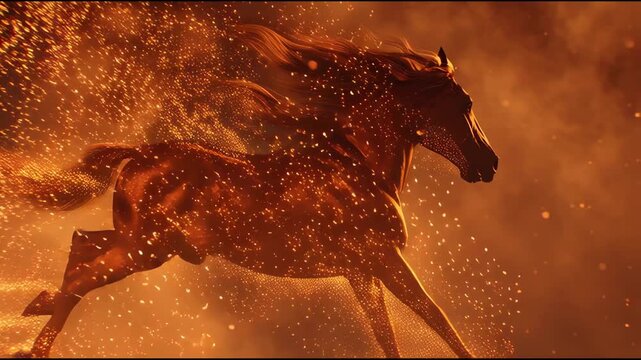 Dynamic fiery horse galloping through glowing embers and sparks in motion
