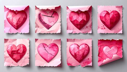 Watercolor effect, eight unique hearts on aged, textured paper. Each heart varies with geometric and cracked designs, in shades of pink
