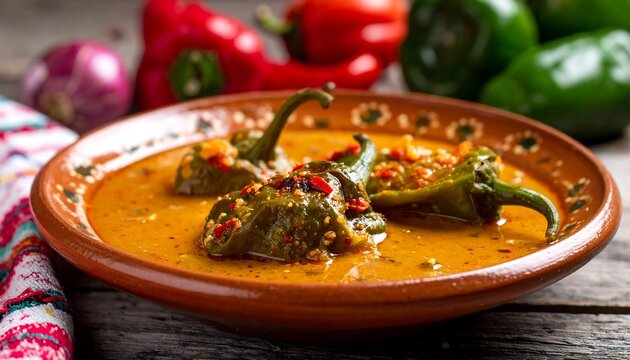 Close-up of chile rellenos in a bowl, with peppers in the background