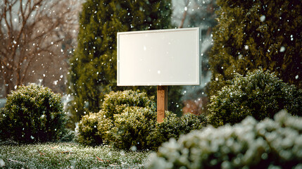 Festive yard sign mockup with light snowfall, surrounded by evergreen bushes