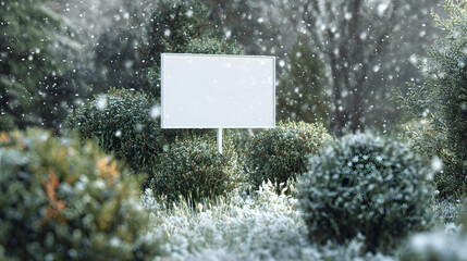 Festive yard sign mockup with light snowfall, surrounded by evergreen bushes