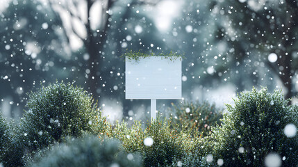 Festive yard sign mockup with light snowfall, surrounded by evergreen bushes