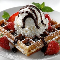A plated waffle with ice cream, berries, chocolate, and mint