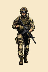 Modern Armed Soldier Military Illustration, Tactical Infantry Character with Rifle in Combat Gear