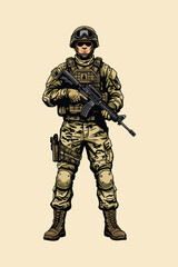 Modern Armed Soldier Military Illustration, Tactical Infantry Character with Rifle in Combat Gear