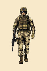 Modern Armed Soldier Military Illustration, Tactical Infantry Character with Rifle in Combat Gear