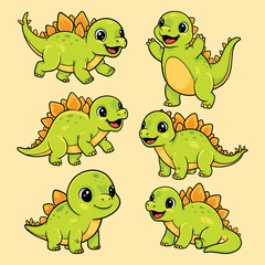 Cute Baby Stegosaurus Dinosaur Cartoon Set, Kawaii Dino Character Collection for Kids Nursery Design