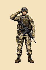 Fototapeta premium Modern Armed Soldier Military Illustration, Tactical Infantry Character with Rifle in Combat Gear