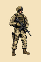Modern Armed Soldier Military Illustration, Tactical Infantry Character with Rifle in Combat Gear
