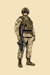 Modern Armed Soldier Military Illustration, Tactical Infantry Character with Rifle in Combat Gear