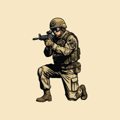 Modern Armed Soldier Military Illustration, Tactical Infantry Character with Rifle in Combat Gear