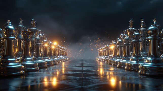 a chessboard extending into the distance under a dark, moody sky. Large, highly detailed metallic chess pieces (kings, queens, bishops, knights, and pawns) stand facing each other in perfect alignment