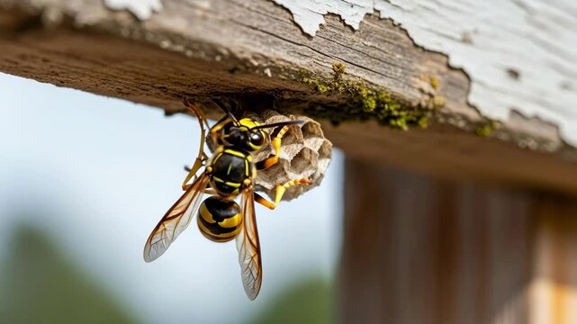 Wasp by nest, perched underside of wood, blurred green backdrop, nature use