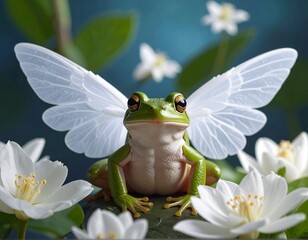 A whimsical depiction of a frog adorned with delicate, translucent wings amidst blooming white flowers. The background is a soft blue