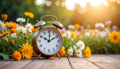 A close-up shot of a classic alarm clock surrounded by colorful flowers on a wooden surface, with a bright sunlight