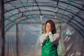 Sad Unhappy Female Farmer Crying Being Depressed.  overwhelmed hardworking woman being disappointed with the results 