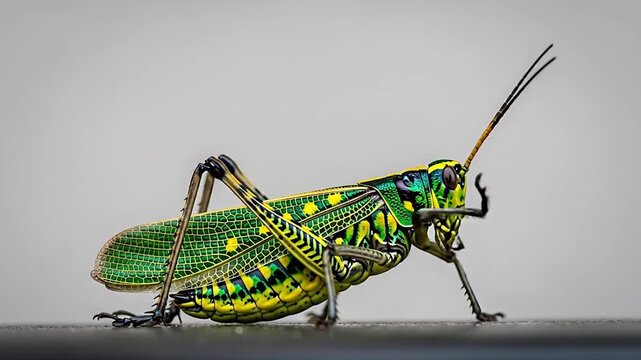 Vibrant Green Yellow Grasshopper Macro Close-up Detailed Colorful Insect Profile.