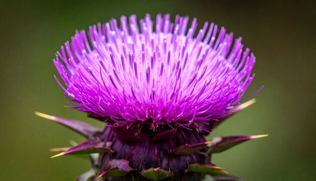 Close-up of a vibrant purple thistle flower with spiky petals - Powered by Adobe