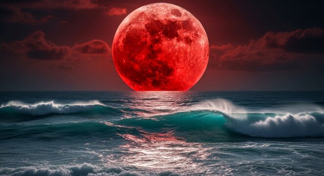 Red moon rising over ocean waves at night. Cosmic phenomenon of blood moon and sea scape. Celestial event on dark sky background for space concept.