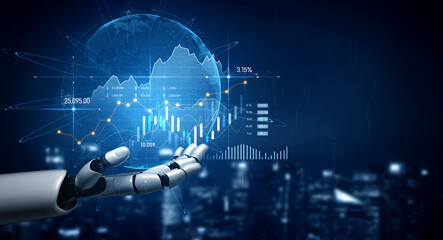 A robotic hand interacts with a digital globe filled with data graphs and analytics, illustrating the intersection of technology and financial growth in a contemporary cityscape. Scalp