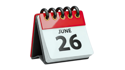 3D Desk calendar showing June 26 on transparent background