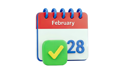 3D February 28 Calendar Page with Checkmark on transparent background