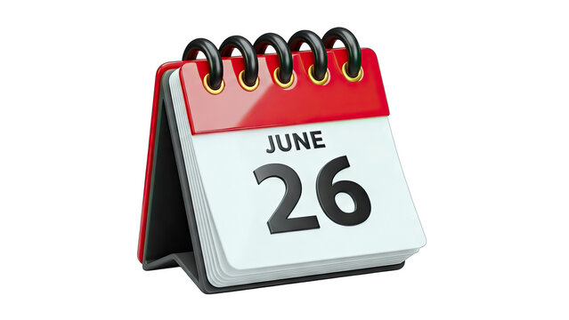 3D Desk calendar showing June 26 on transparent background