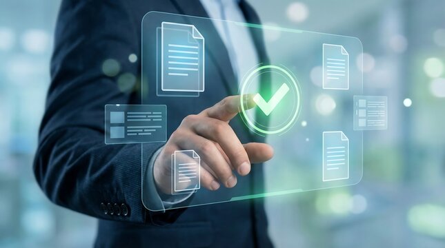 Business professional approves digital documents with futuristic interface and glowing checkmark in modern office - Powered by Adobe