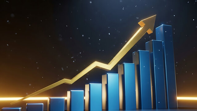 A 3d golden business bar graph with a rising arrow shows financial growth and market success through a professional data chart illustration of increasing sales profit and stock report progress - Powered by Adobe