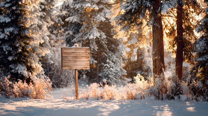 Festive yard sign mockup with snow-covered pine trees and warm golden sunlight