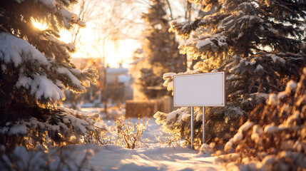Festive yard sign mockup with snow-covered pine trees and warm golden sunlight