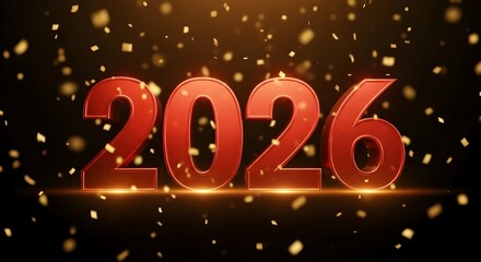 Luxury New Year 2026 Celebration Concept with Glowing Red 3D Numbers and Falling Golden Confetti on Dark Background, Generative AI.