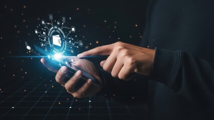 Person holding smartphone with glowing blue light and icons floating around