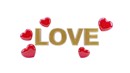 3D Golden LOVE text with red hearts on transparent background