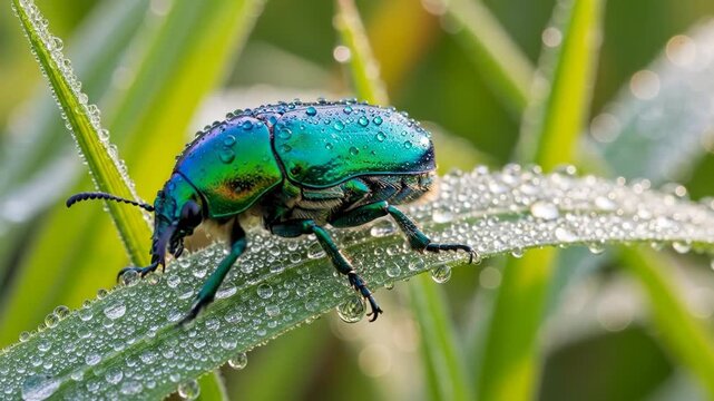 Jewel Beetle on Dewy Blade, Macro Photo, Green Background, Close-up. For insect studies