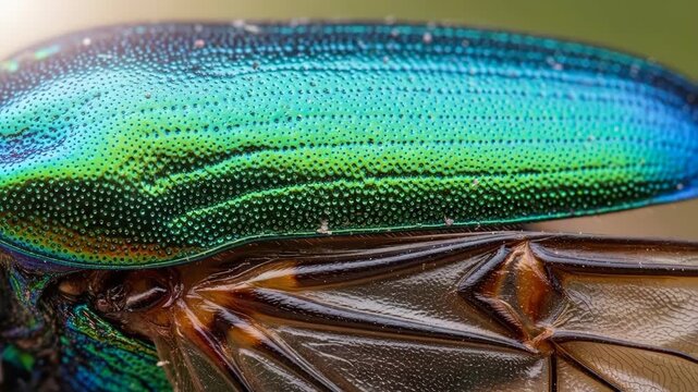 Macro shot of a jewel beetle wing, iridescent textures, natural light, ideal for design