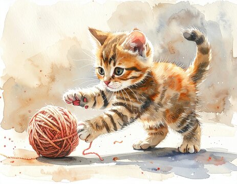 Watercolor style of A playful kitten amusingly engages with a ball of yarn, showcasing its curious nature and lively spirit in a soft watercolor setting.