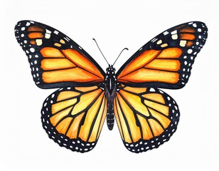 Obraz premium Watercolor style of A beautiful Monarch butterfly with vibrant orange and black wings, showcasing its stunning patterns against a white background.