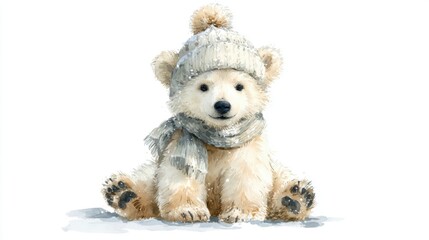 帽子とマフラーをつけた子供のシロクマ