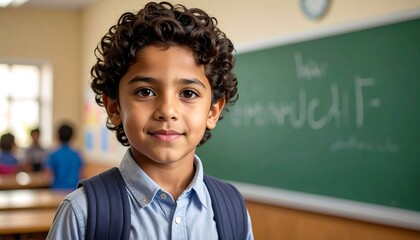 A young boy with curly brown hair wearing a backpack smiles at the camera, standing in a classroom. A green chalkboard is behind him