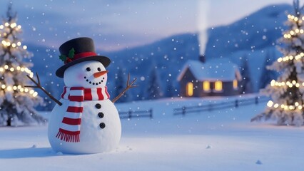 Obraz premium cheerful snowman wearing a top hat and striped scarf stands in a snowy winter landscape with a cozy cabin and illuminated trees under falling snow.