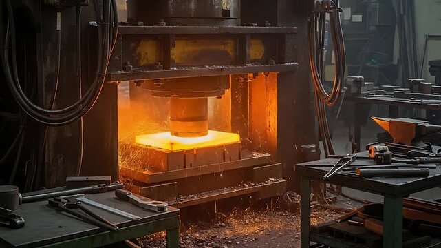 Industrial Hydraulic Press Forging Hot Metal in Factory Heavy Industry Manufacturing Process.