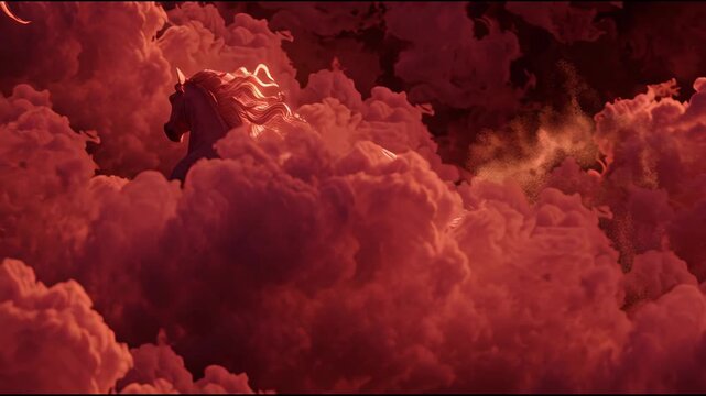 Majestic horse soaring through fiery red clouds in a surreal fantasy landscape