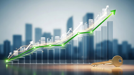 A 3d vector illustration of a business financial chart with an upward arrow showing market growth, stock data progress, and a successful rise in economy sales profit