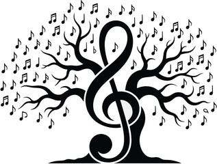 Fototapeta premium Black treble clef tree with musical notes black and white