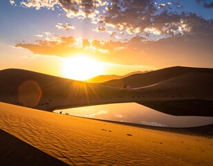 A breathtaking desert landscape features the sun setting over sand dunes and a reflective pool, golden hour illumination